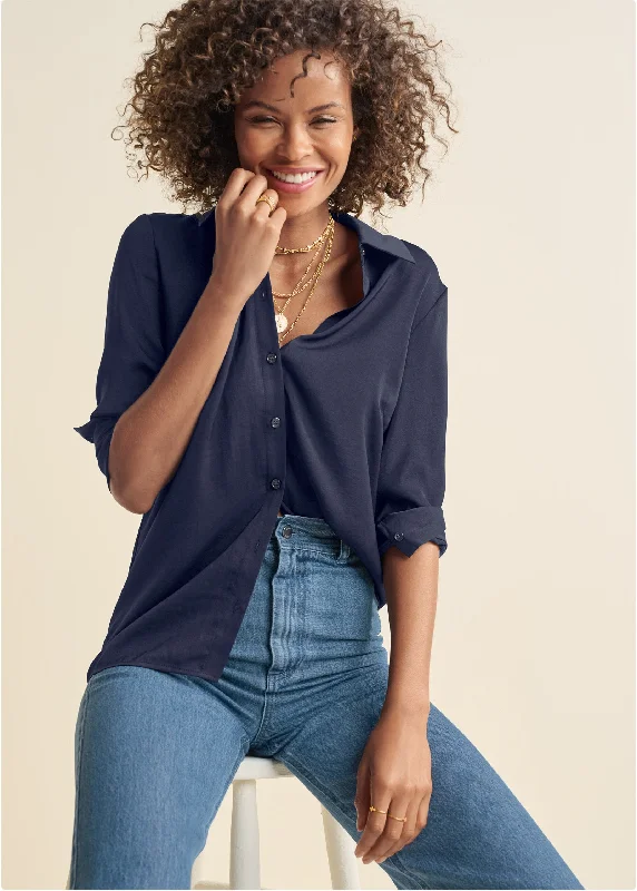 Soft Button-Down Blouse - Navy Dynamic Women's Moto