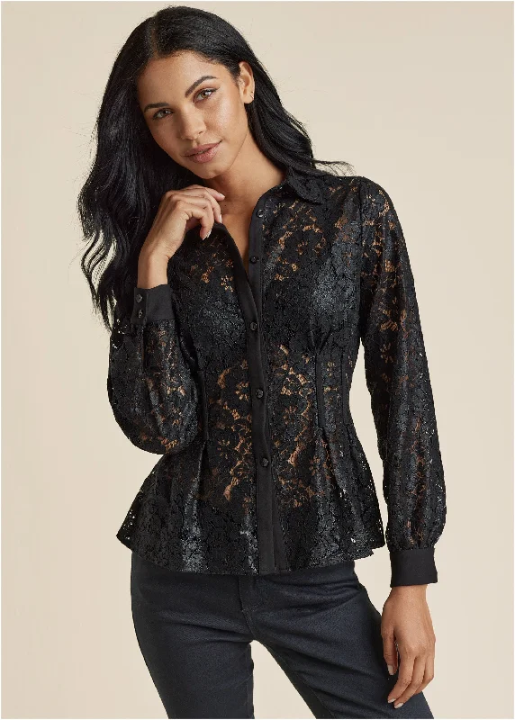 Lacquered Lace Top - Black Classic Women's Tweed