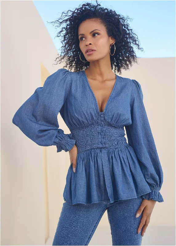 Smocked Waist Chambray Top - Medium Wash Classic Women's Pin - striped