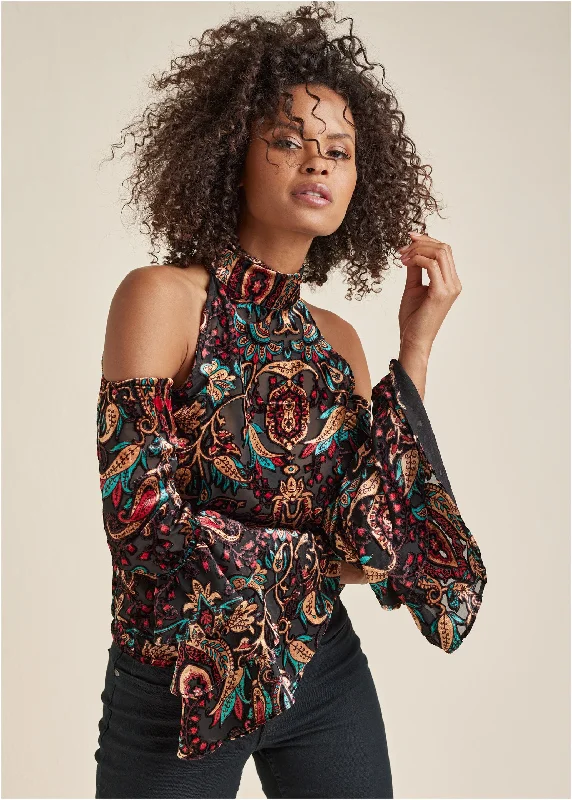 Cold Shoulder Ruffle Top - Black Multi Earthy Women's 