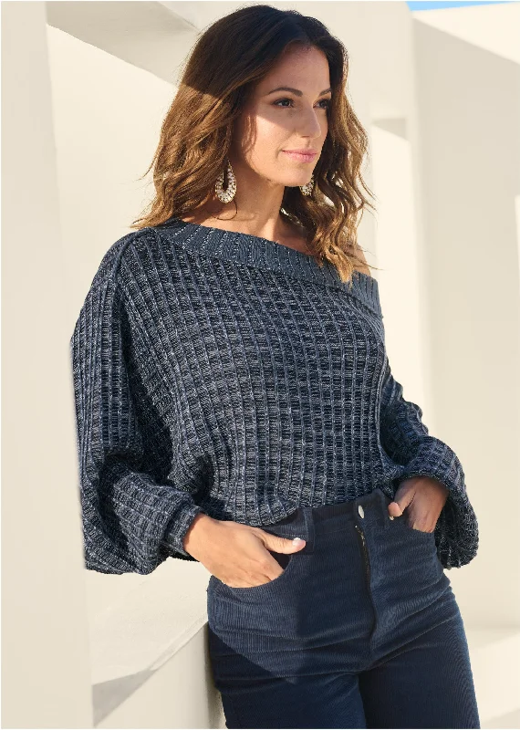 Off-The-Shoulder Sweater - Navy & White Luxurious Women's High -  end