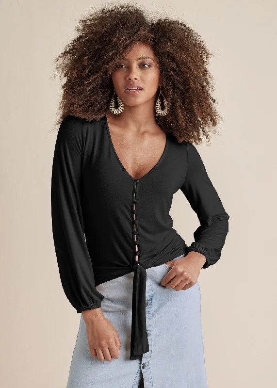 Tie-Front Button-Up Top - Black Artistic Women's Avant - 