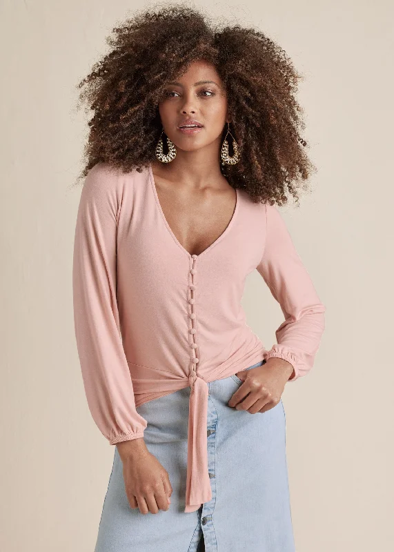 Tie-Front Button-Up Top - Peach Tough Women's Military - inspired