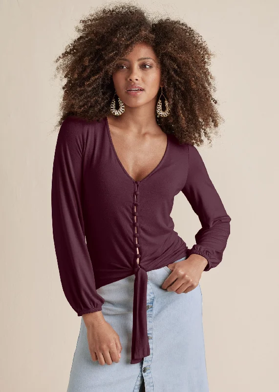 Tie-Front Button-Up Top - Wine Streetwear Style for 