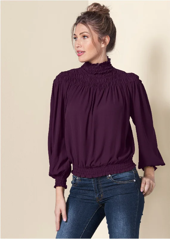Smocked Detail Top - Dark Purple Stylish Women's Neon