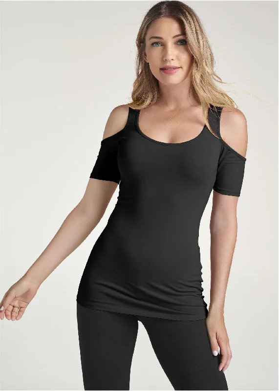 Long And Lean Cold-Shoulder Top - Black Sporty Women's Athleisure 
